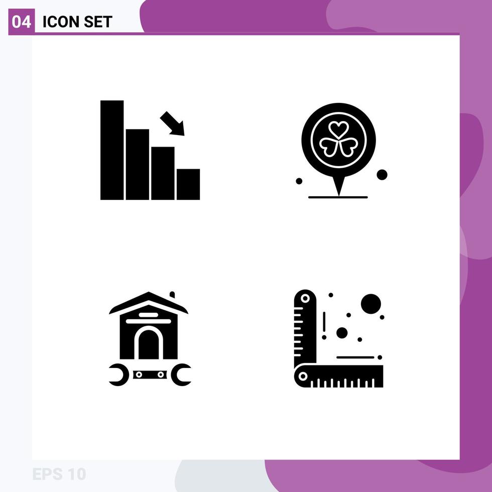 Solid Glyph Pack of 4 Universal Symbols of bar house down location repair Editable Vector Design Elements