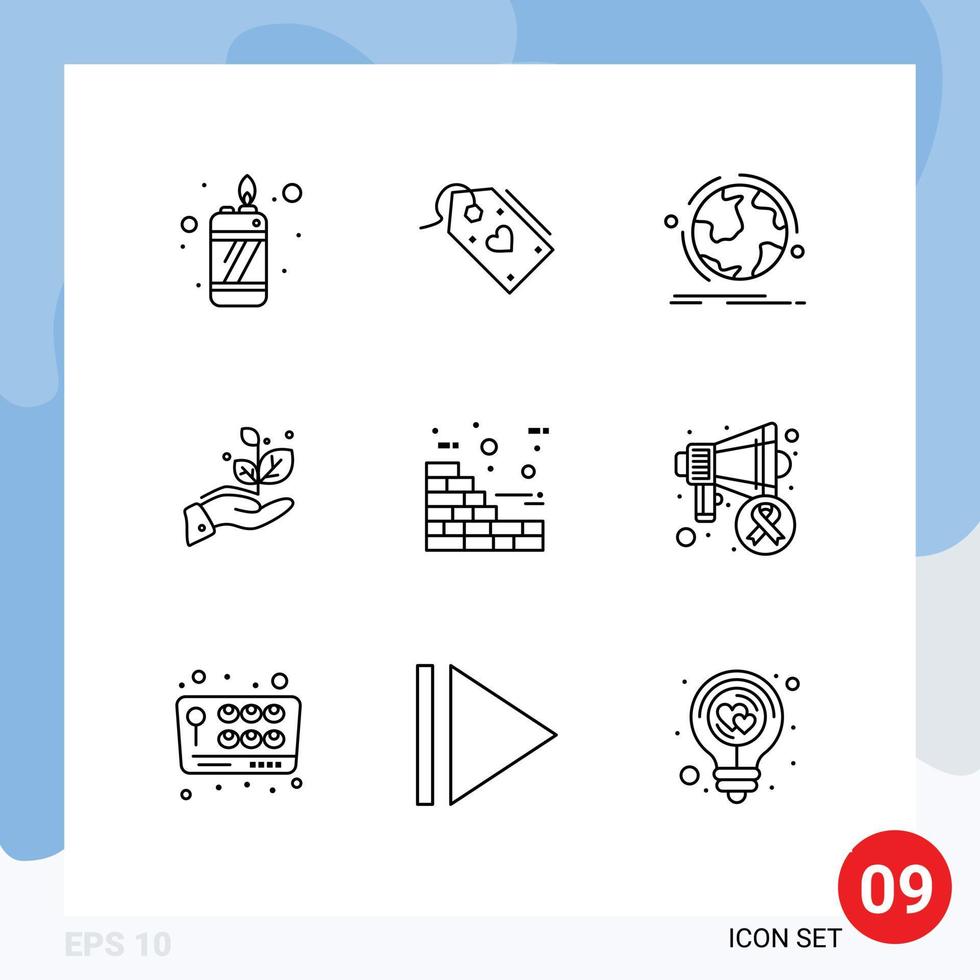 Outline Pack of 9 Universal Symbols of bricks hand globe grow network Editable Vector Design Elements