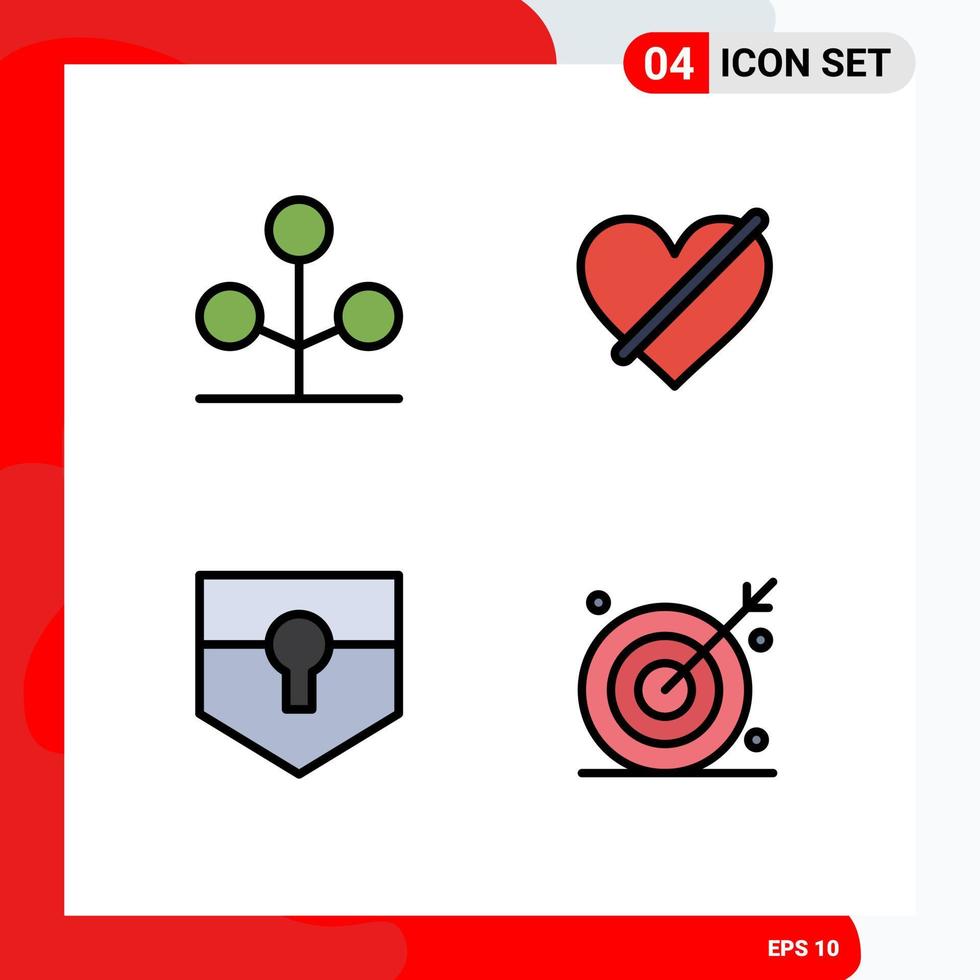 Set of 4 Commercial Filledline Flat Colors pack for forest key tree heart security Editable Vector Design Elements