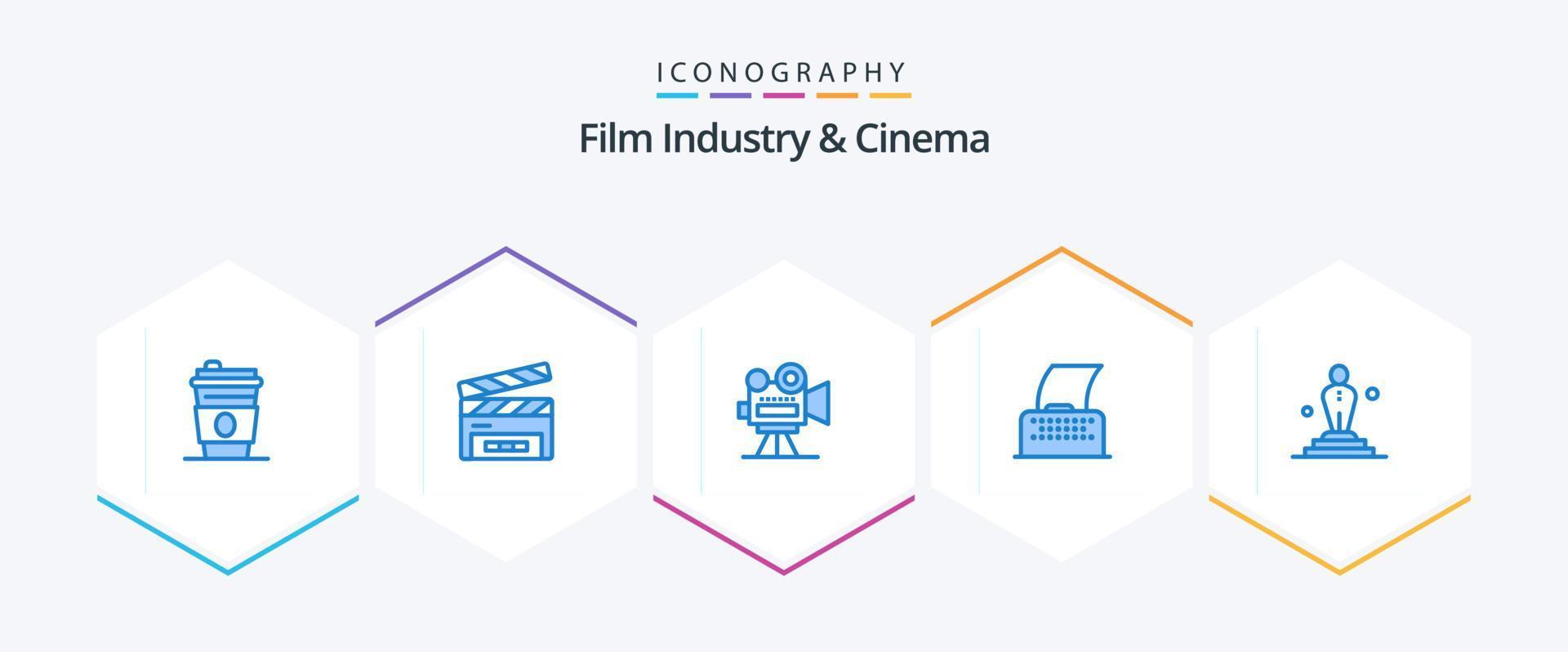 paquete de iconos azules de cenima 25 que incluye la película. cine. cámara filmográfica. máquina de escribir. papel vector