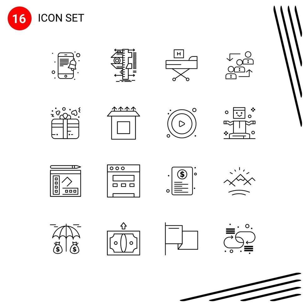 Pack of 16 Modern Outlines Signs and Symbols for Web Print Media such as promotion employee bed advancement health Editable Vector Design Elements