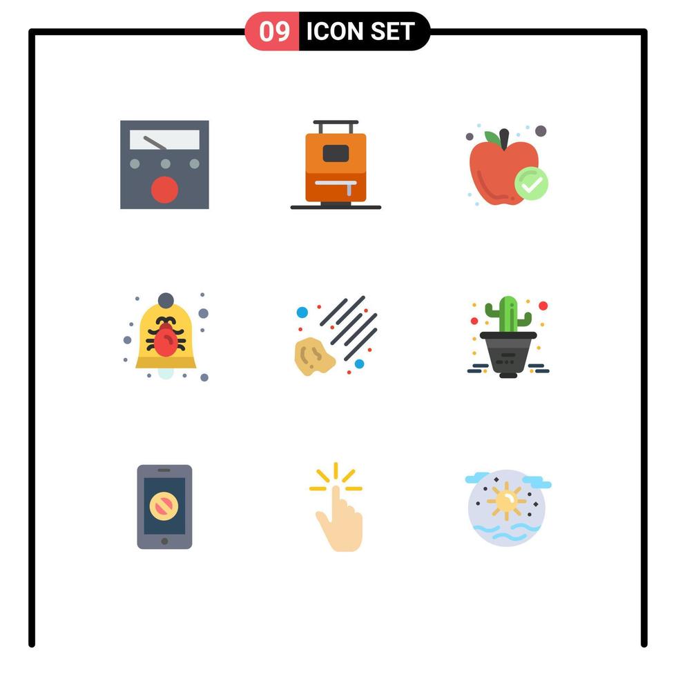 Pack of 9 creative Flat Colors of space meteor meal security bell Editable Vector Design Elements