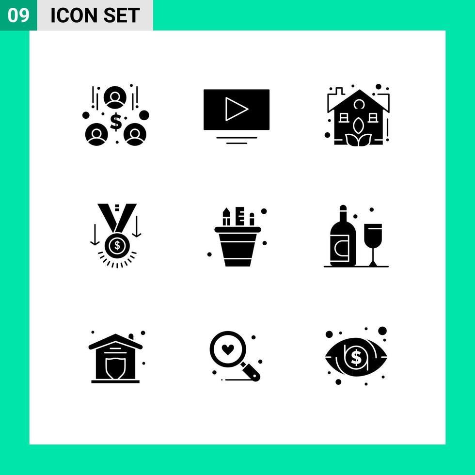 paquete de 9 signos y símbolos de glifos sólidos modernos para medios de impresión web, como elementos de diseño de vectores editables estrella de trofeo de planta de negocios de lápiz