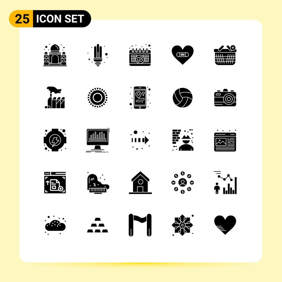 Editable Vector Line Pack of 25 Simple Solid Glyphs of ecommerce like calendar love plaster Editable Vector Design Elements