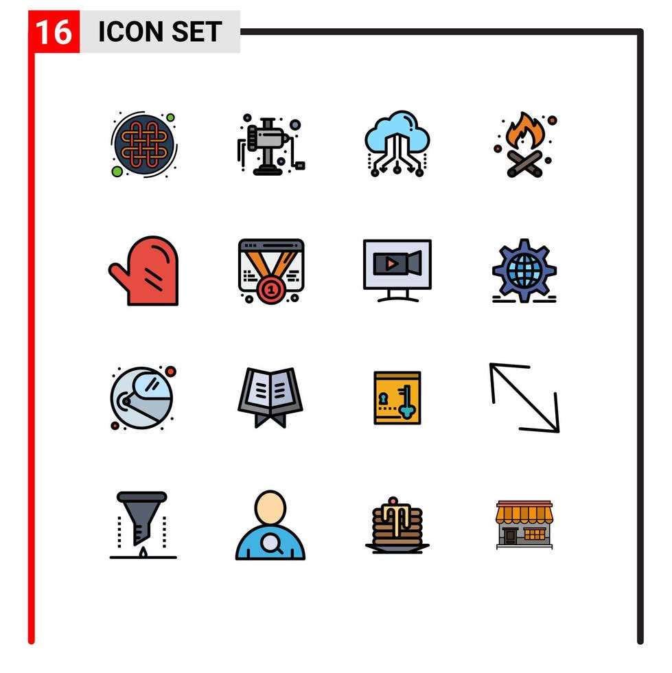 Mobile Interface Flat Color Filled Line Set of 16 Pictograms of glove drink link fire place camping Editable Creative Vector Design Elements