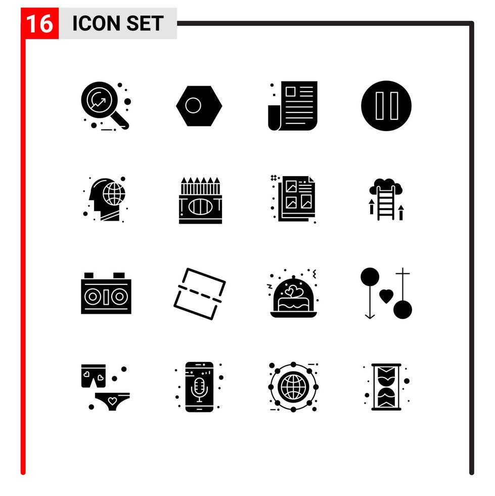 16 Universal Solid Glyphs Set for Web and Mobile Applications global pause flag multimedia page Editable Vector Design Elements