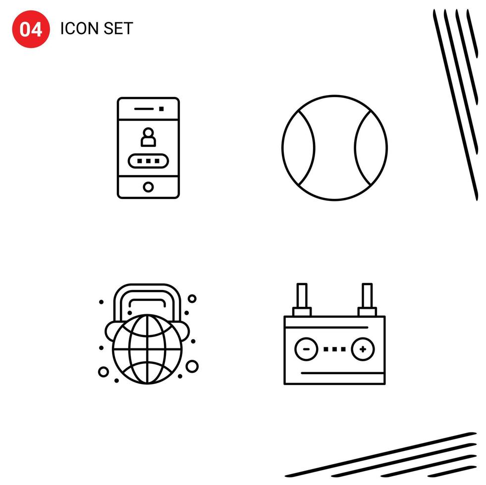 Set of 4 Modern UI Icons Symbols Signs for access learning security tennis headphone Editable Vector Design Elements