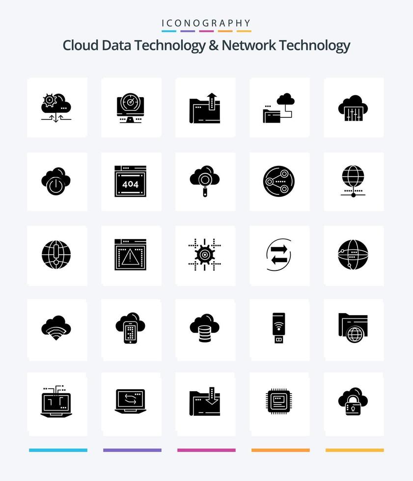 tecnología creativa de datos en la nube y tecnología de red paquete de iconos negros sólidos de 25 glifos, como conexión. expediente. carpeta. almacenamiento. nube vector