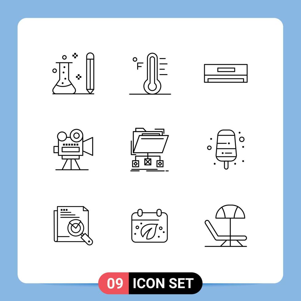 Modern Set of 9 Outlines Pictograph of video film camera sun camera electric Editable Vector Design Elements