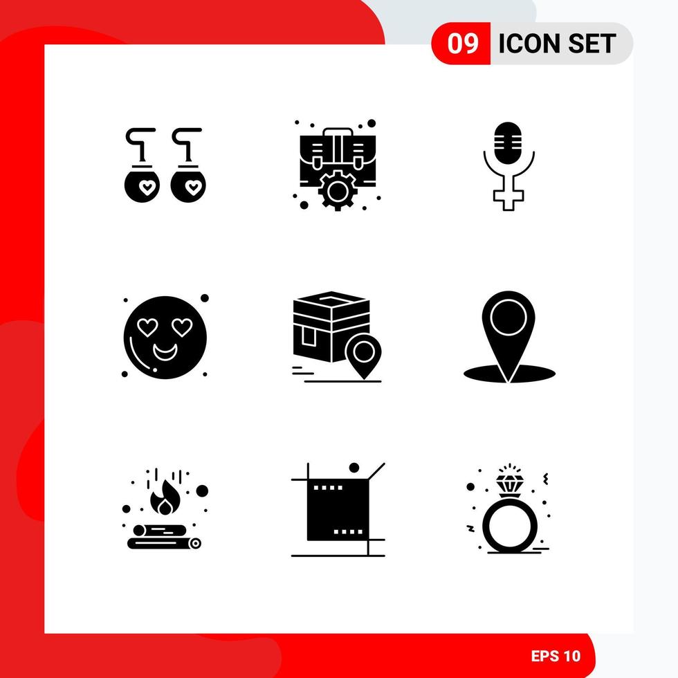 9 User Interface Solid Glyph Pack of modern Signs and Symbols of map kaba strategic khana heart Editable Vector Design Elements