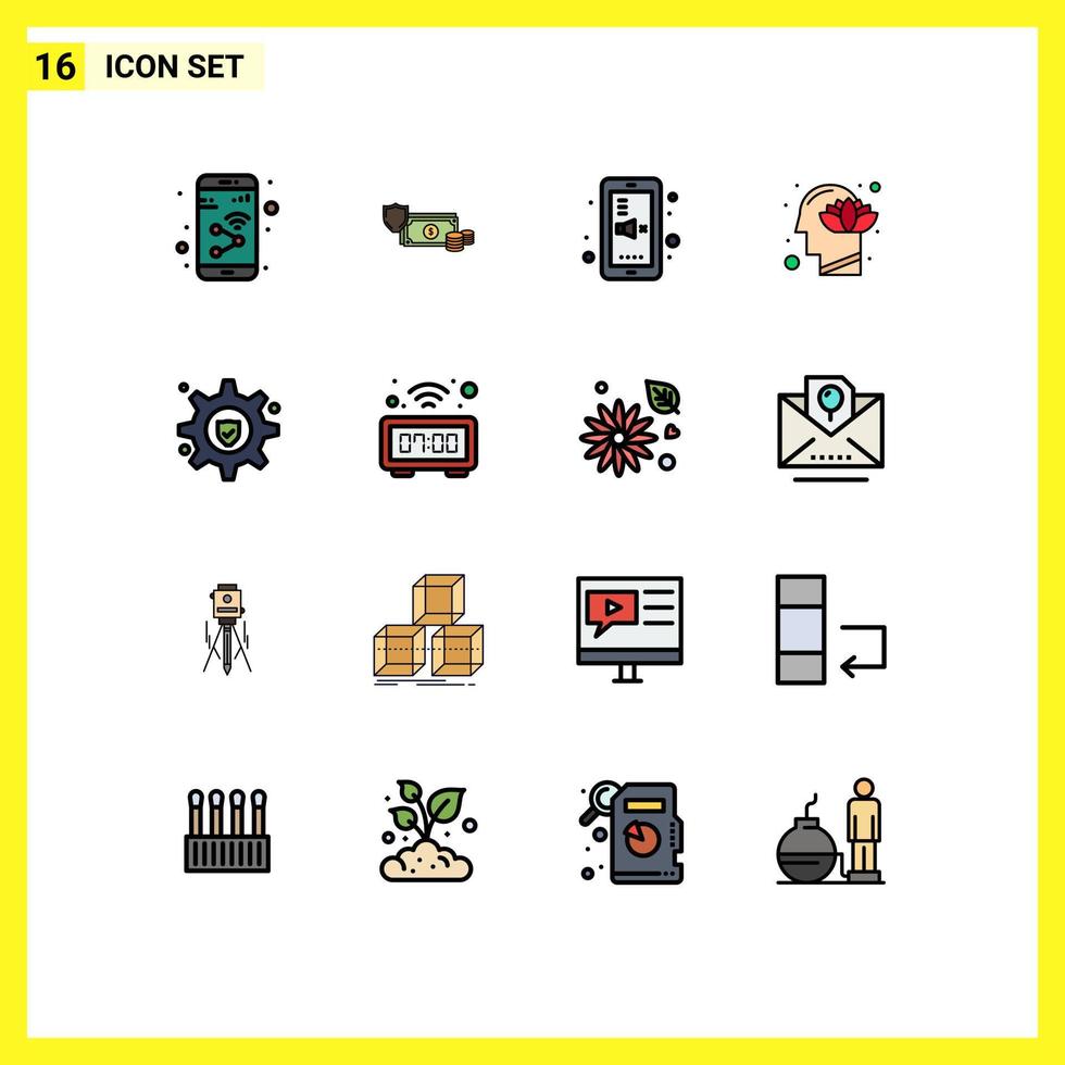Pack of 16 Modern Flat Color Filled Lines Signs and Symbols for Web Print Media such as head mute finance phone back to school Editable Creative Vector Design Elements