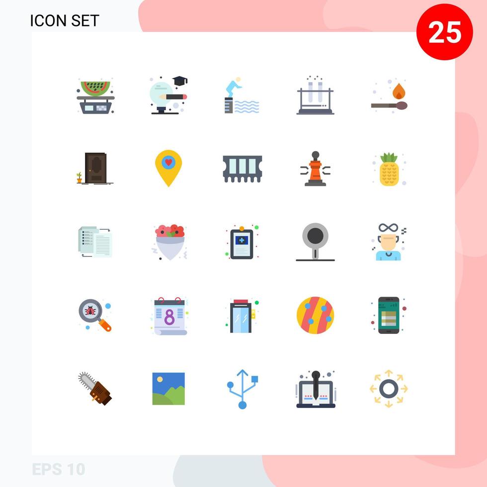 25 User Interface Flat Color Pack of modern Signs and Symbols of fire science jump tube lab Editable Vector Design Elements