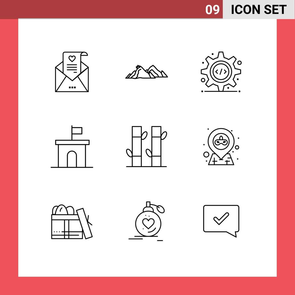 Pack of 9 creative Outlines of property flag scene estate gear Editable Vector Design Elements