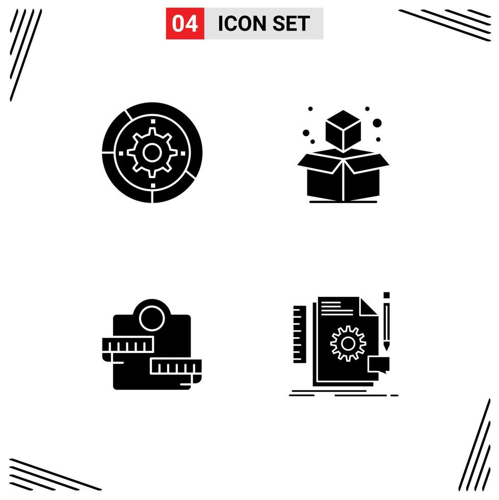 4 Universal Solid Glyphs Set for Web and Mobile Applications gear machine engine geometric sport Editable Vector Design Elements