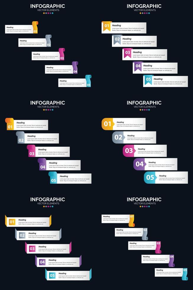 plantilla de diapositiva de presentación del paquete de infografías vectoriales 6 diagramas de ciclo de 5 pasos y líneas de tiempo vector