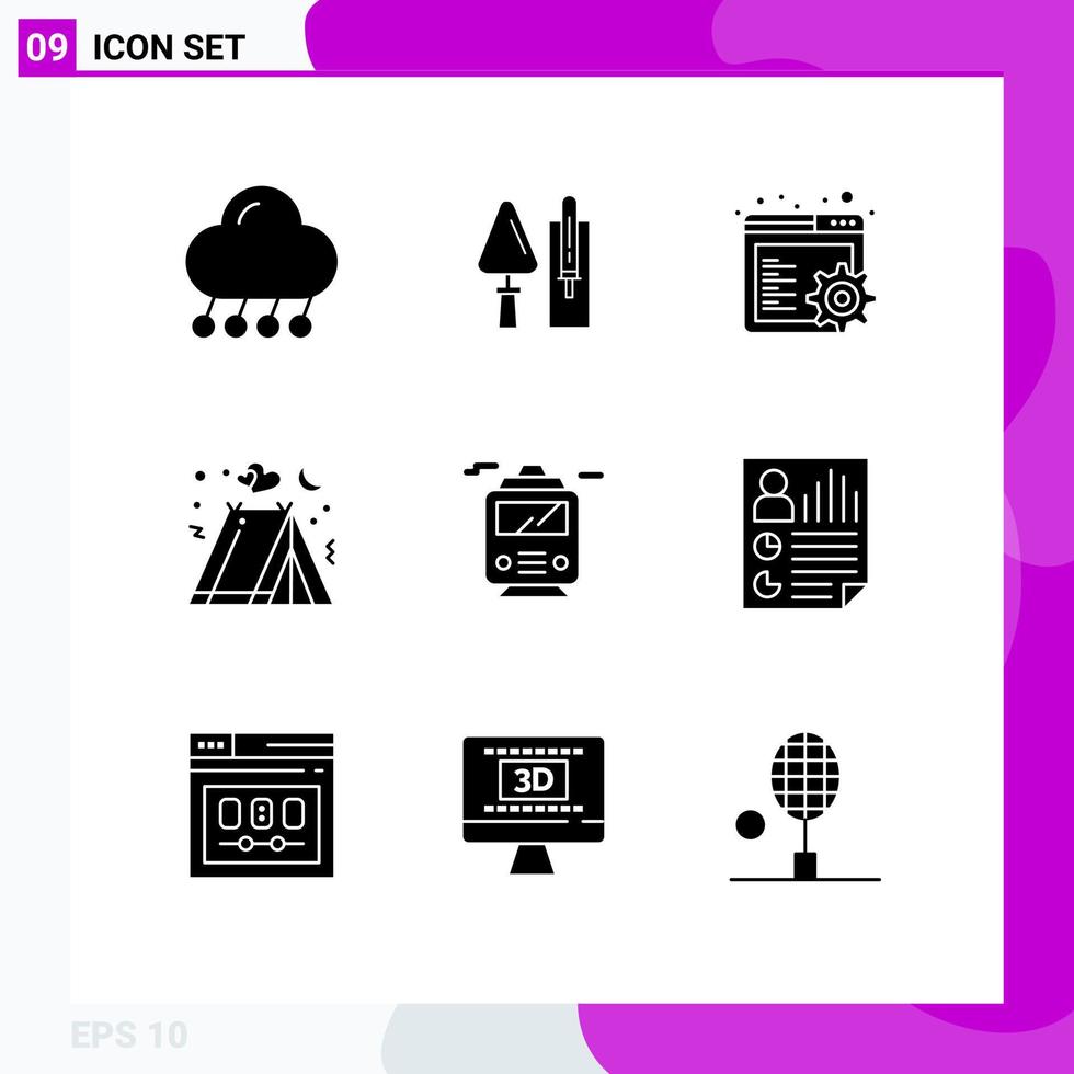 Set of 9 Vector Solid Glyphs on Grid for train love masonry holidays settings Editable Vector Design Elements