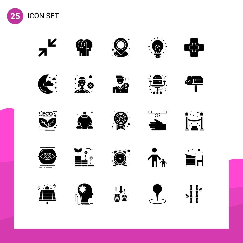 Universal Icon Symbols Group of 25 Modern Solid Glyphs of medical light location innovation bulb Editable Vector Design Elements