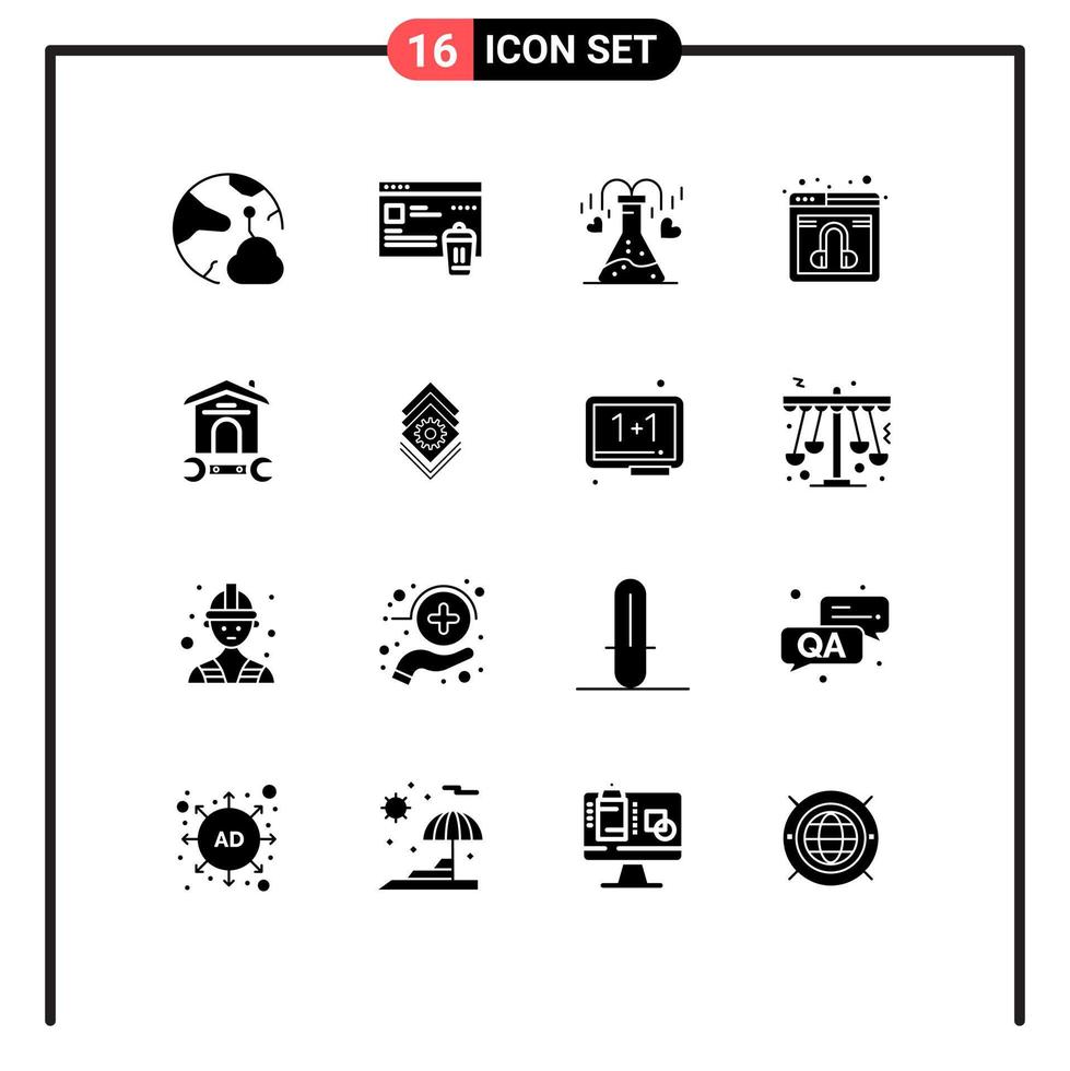 User Interface Pack of 16 Basic Solid Glyphs of house online security web love Editable Vector Design Elements