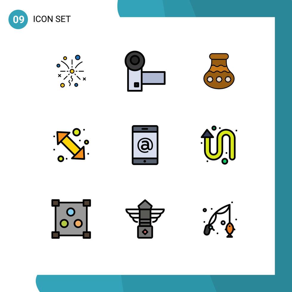 Group of 9 Filledline Flat Colors Signs and Symbols for up right left pot go festival Editable Vector Design Elements