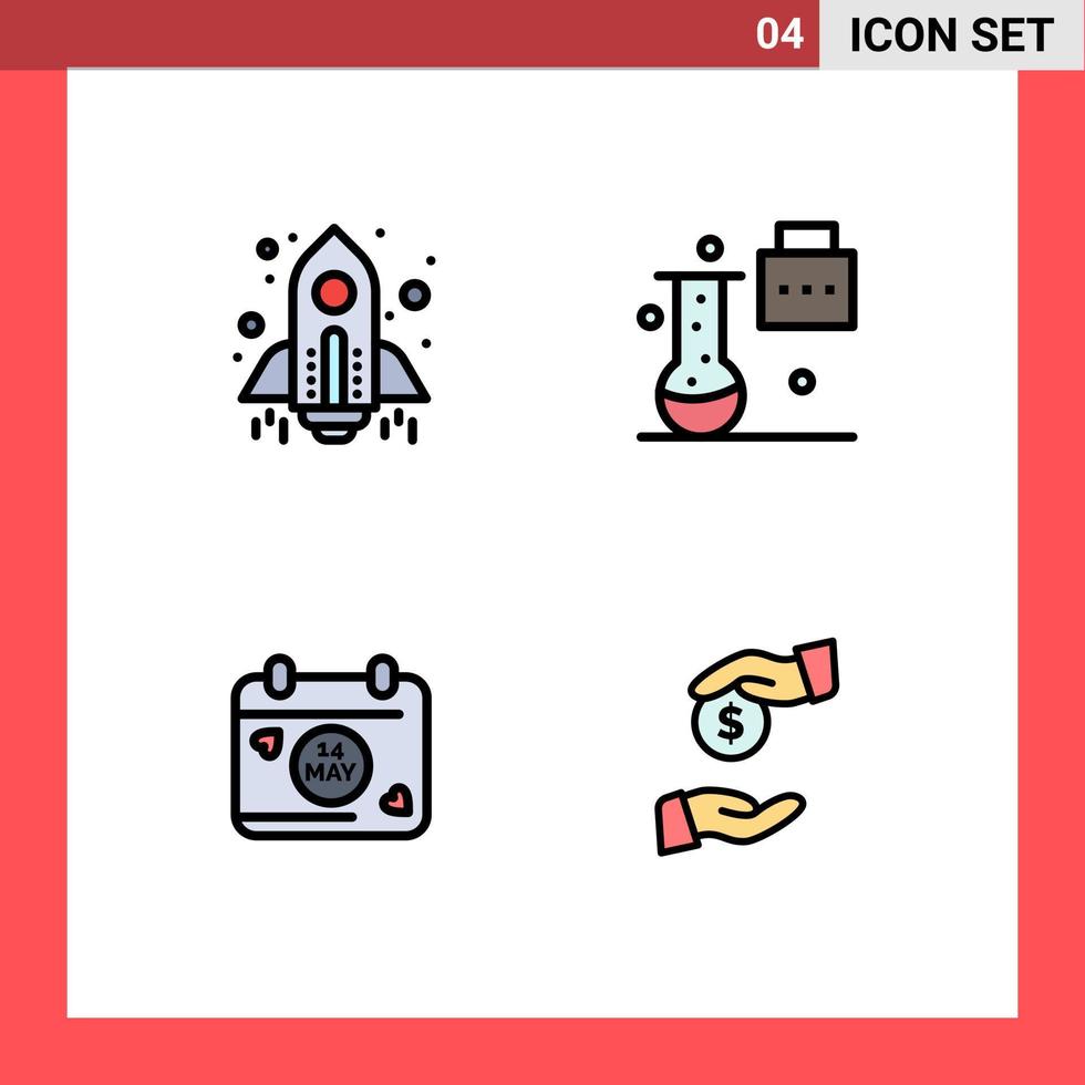 paquete de 4 signos y símbolos de colores planos de línea de relleno modernos para medios de impresión web, como el lanzamiento del calendario de cohetes, elementos de diseño de vectores editables del día de la educación científica