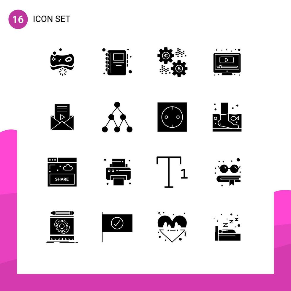 paquete de 16 signos y símbolos de glifos sólidos modernos para medios de impresión web, como mensajes de youtube, pantalla de dinero, elementos de diseño de vectores editables por computadora
