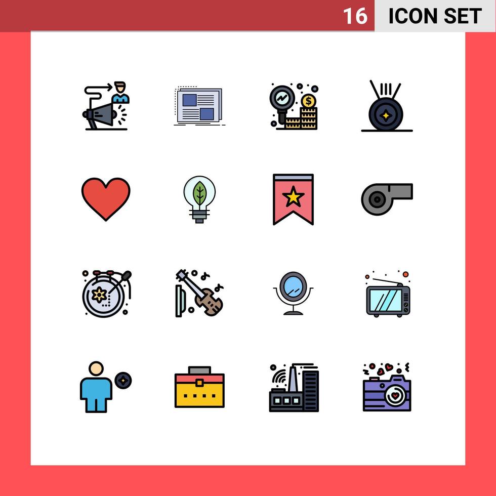 16 Thematic Vector Flat Color Filled Lines and Editable Symbols of love sport page medal money Editable Creative Vector Design Elements