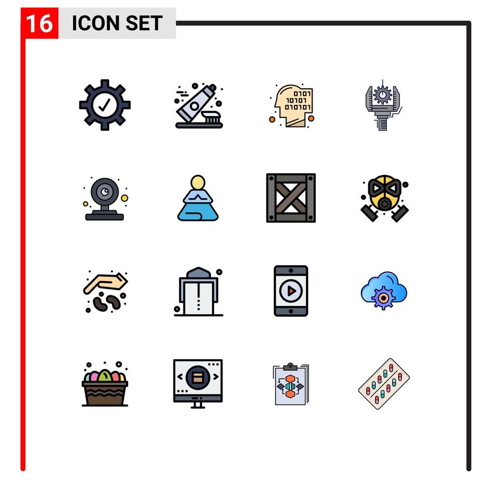 paquete de 16 líneas llenas de colores planos modernos, signos y símbolos para medios de impresión web, como la industria de producción de códigos de robótica web, elementos de diseño de vectores creativos editables