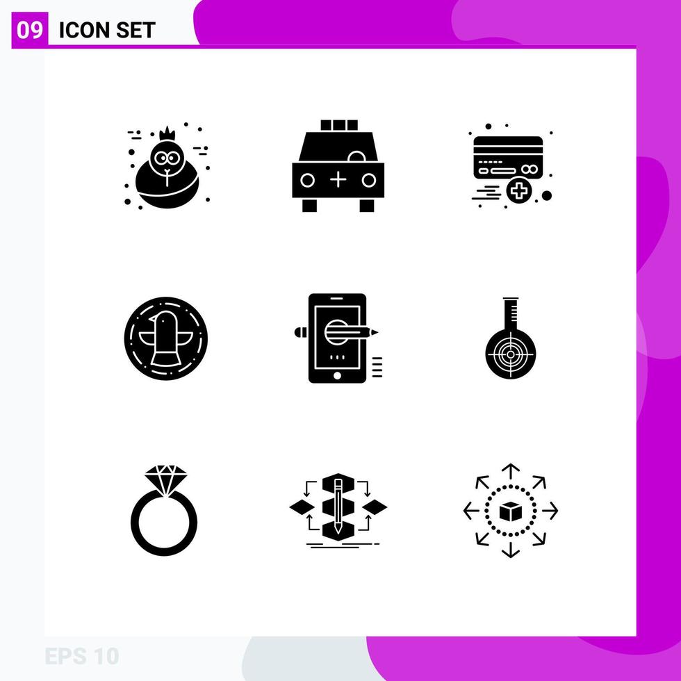 Set of 9 Vector Solid Glyphs on Grid for education celebration add bird credit Editable Vector Design Elements