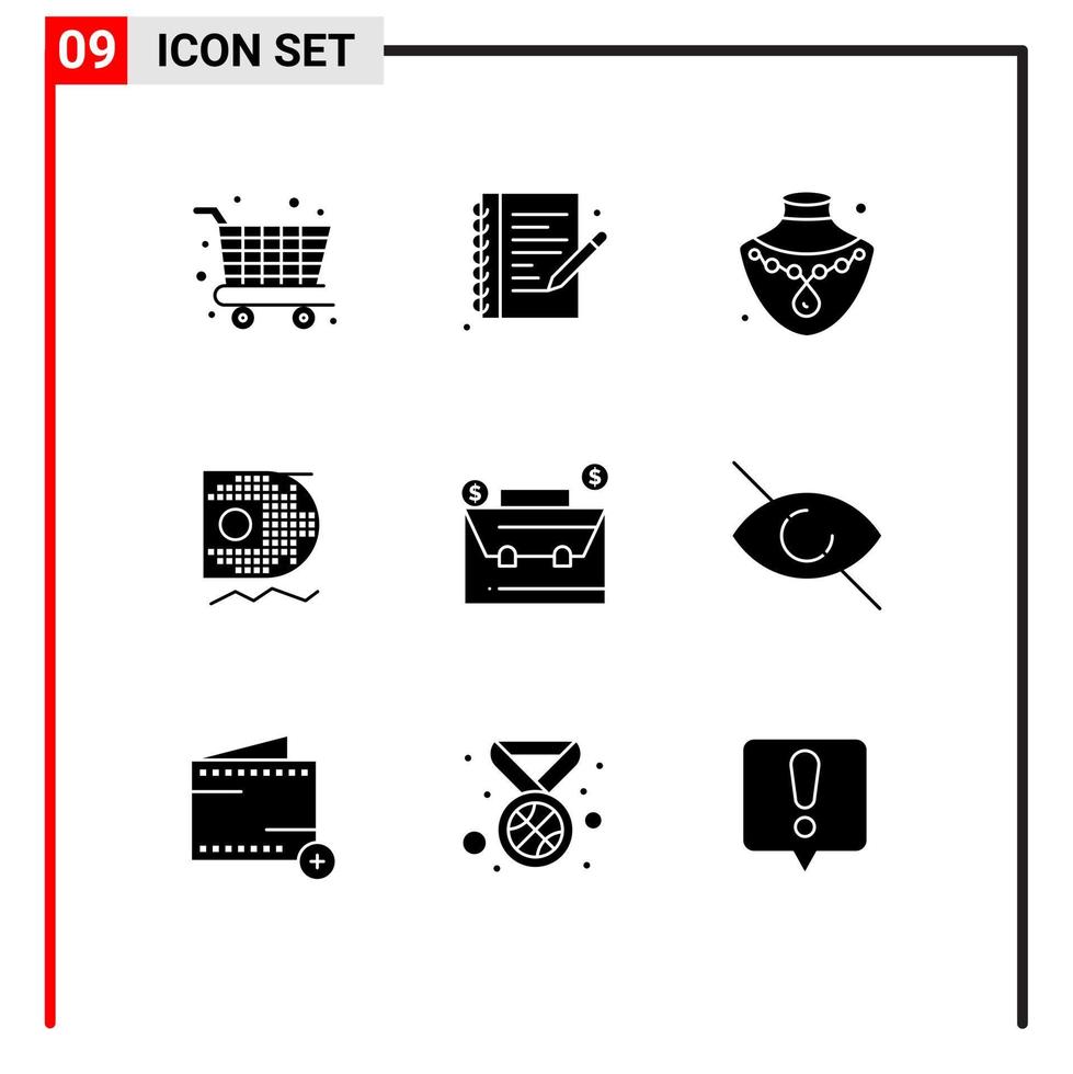 Pack of 9 creative Solid Glyphs of dollar budget jewelry bag data scince Editable Vector Design Elements