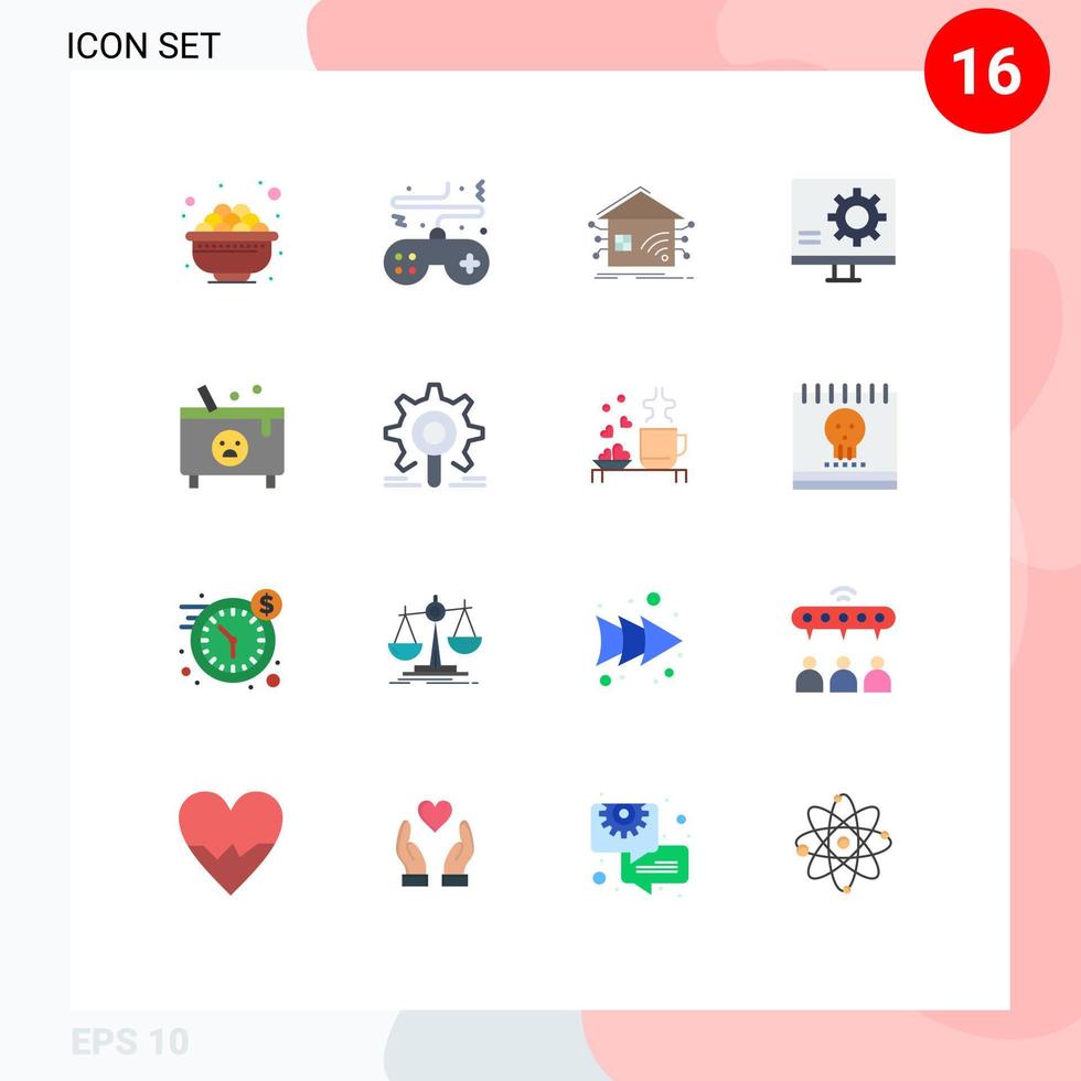 conjunto moderno de 16 colores planos y símbolos, como error, desarrollo de error de reproducción, paquete editable inteligente de elementos creativos de diseño de vectores
