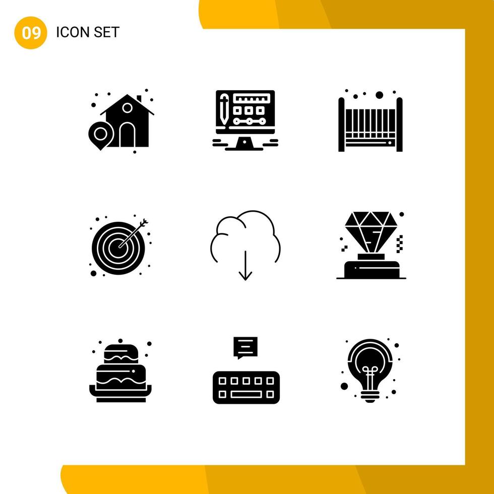 Set of 9 Commercial Solid Glyphs pack for server download cradle data success Editable Vector Design Elements