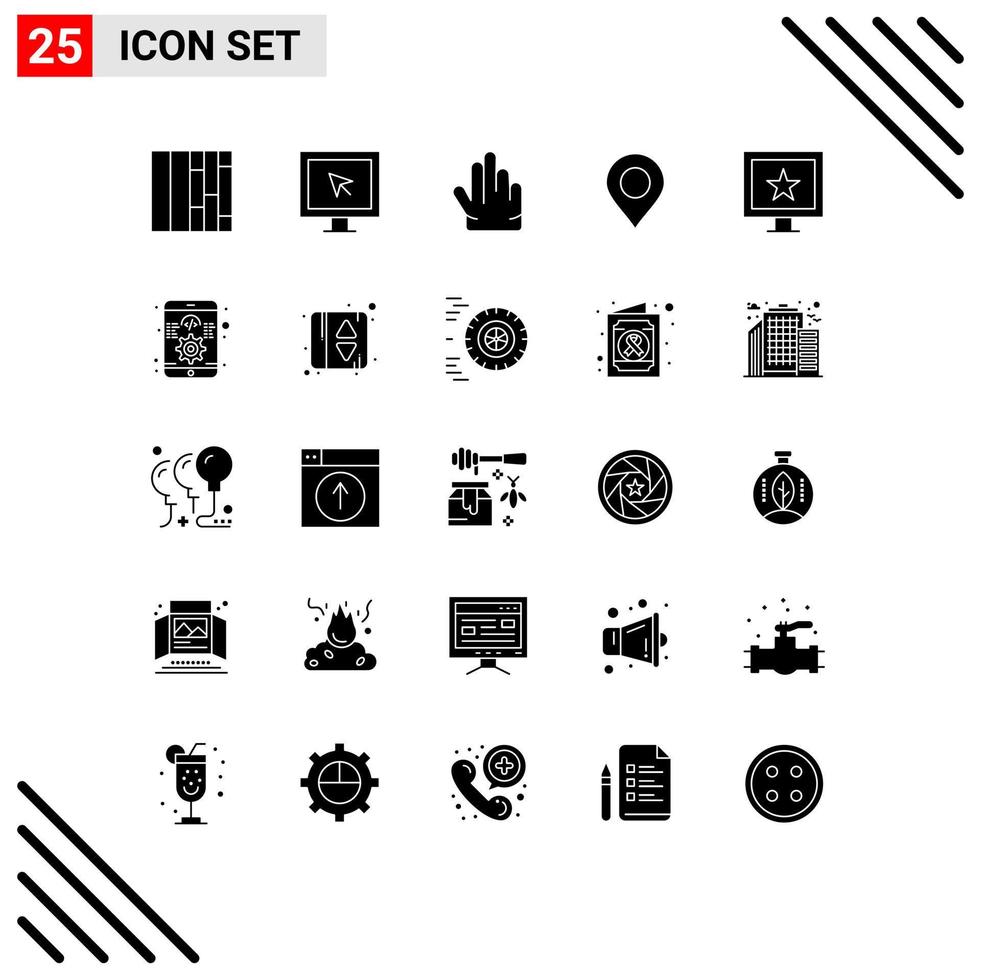 Modern Set of 25 Solid Glyphs Pictograph of software app three tv cinema Editable Vector Design Elements