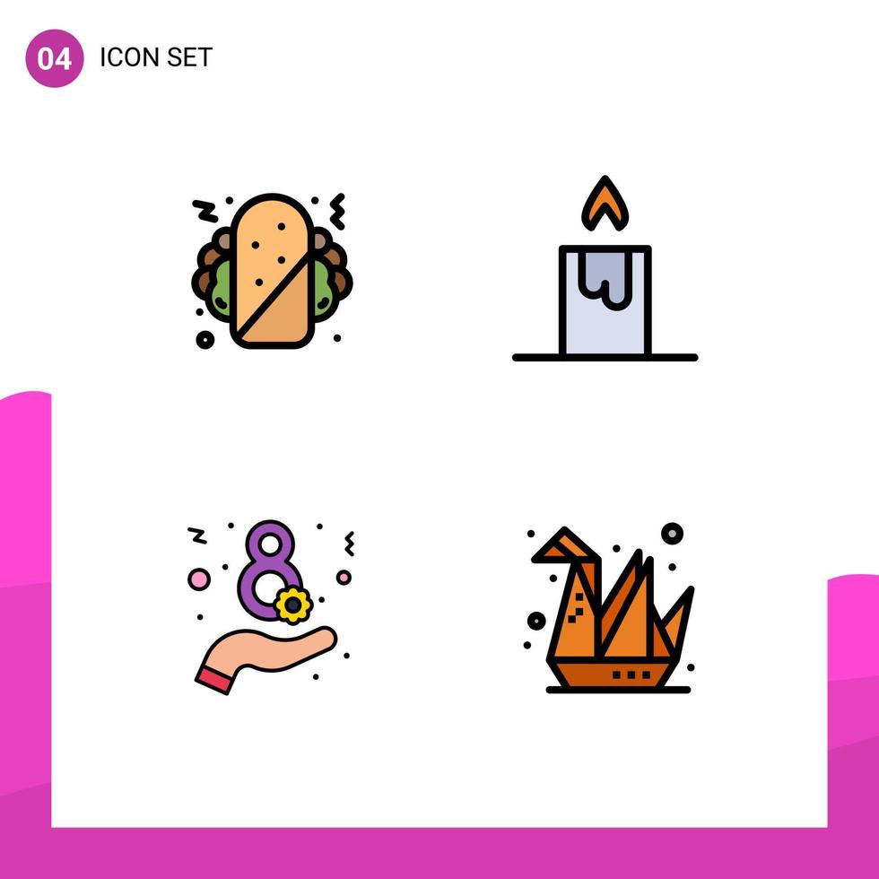 Mobile Interface Filledline Flat Color Set of 4 Pictograms of burrito hobbies candle eight paper Editable Vector Design Elements