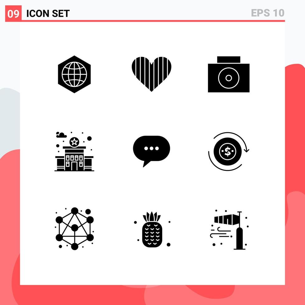 Editable Vector Line Pack of 9 Simple Solid Glyphs of bubble comment gift chat police Editable Vector Design Elements