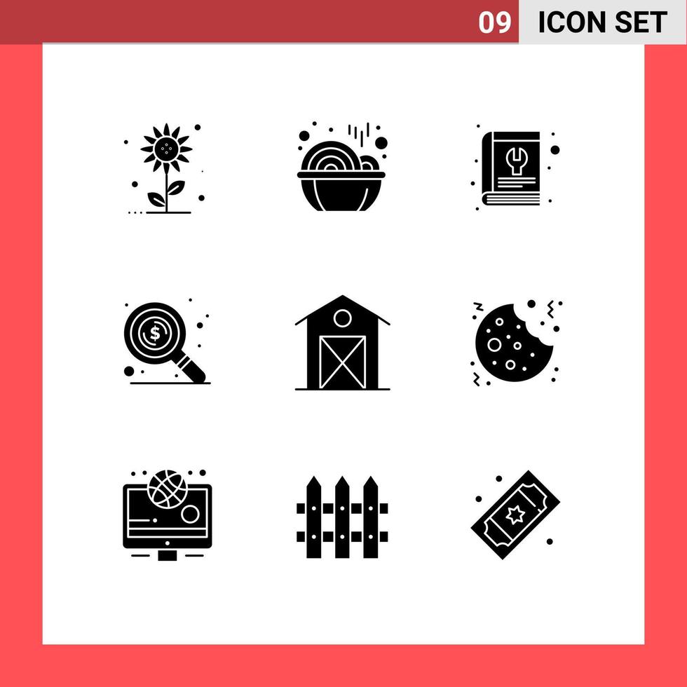 Set of 9 Modern UI Icons Symbols Signs for barn search book money tool Editable Vector Design Elements