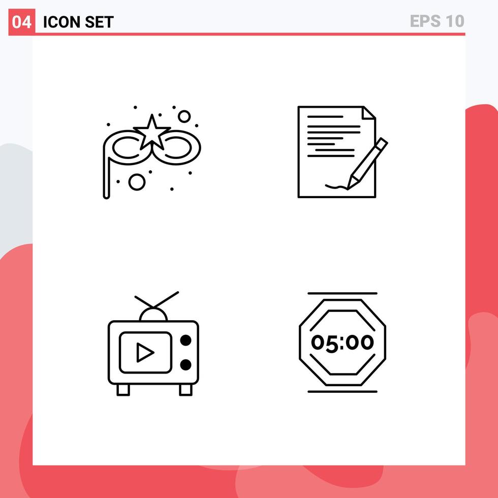 Stock Vector Icon Pack of 4 Line Signs and Symbols for carnival mask television agreement note video Editable Vector Design Elements