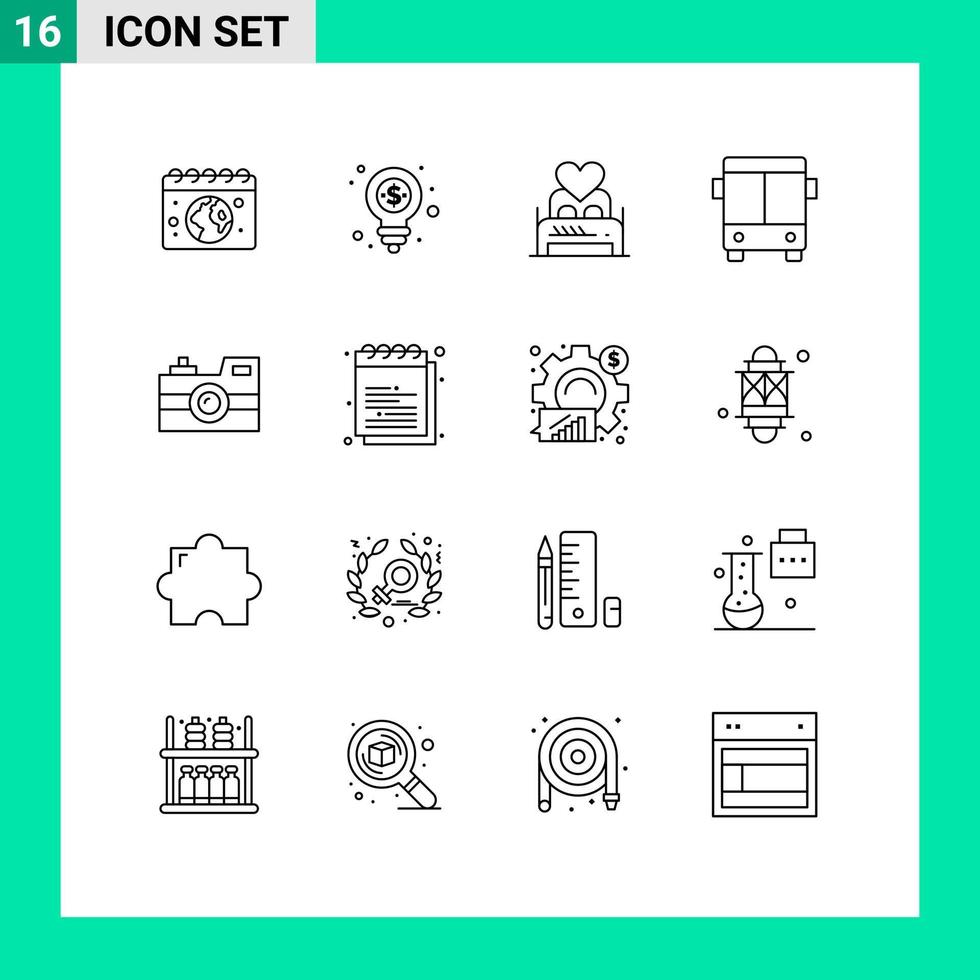 grupo universal de símbolos de iconos de 16 contornos modernos de vehículos cama de autobús automóvil noche de san valentín elementos de diseño vectorial editables vector