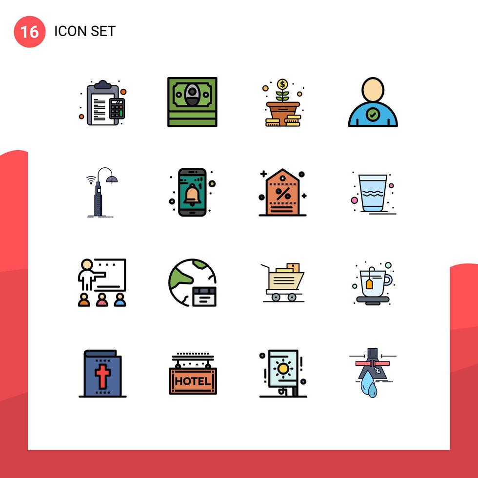 16 User Interface Flat Color Filled Line Pack of modern Signs and Symbols of wifi lights growth user check Editable Creative Vector Design Elements