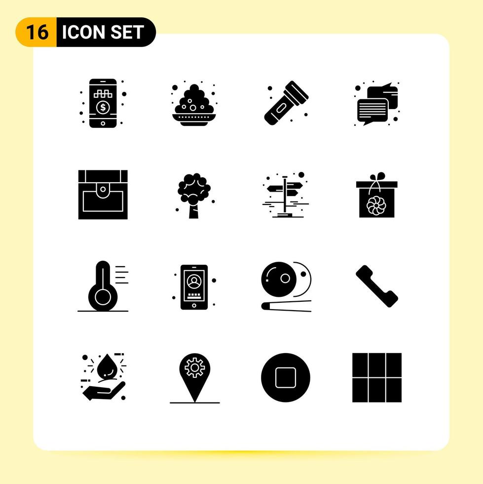 Pack of 16 Modern Solid Glyphs Signs and Symbols for Web Print Media such as treasure chest camping message chat Editable Vector Design Elements