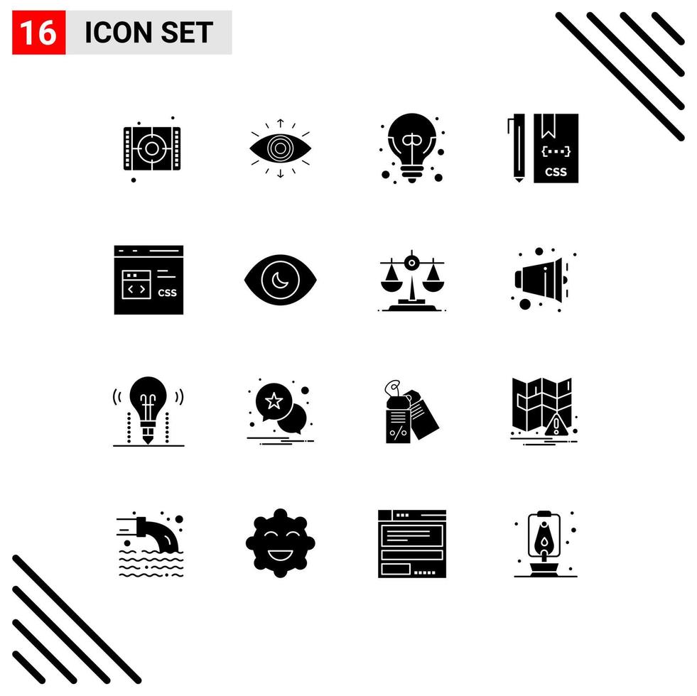 Set of 16 Vector Solid Glyphs on Grid for eye develop big idea css code Editable Vector Design Elements