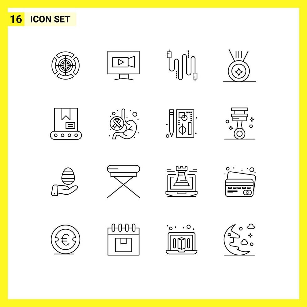 Pack of 16 Modern Outlines Signs and Symbols for Web Print Media such as cancer construction audio bulldozer medal Editable Vector Design Elements