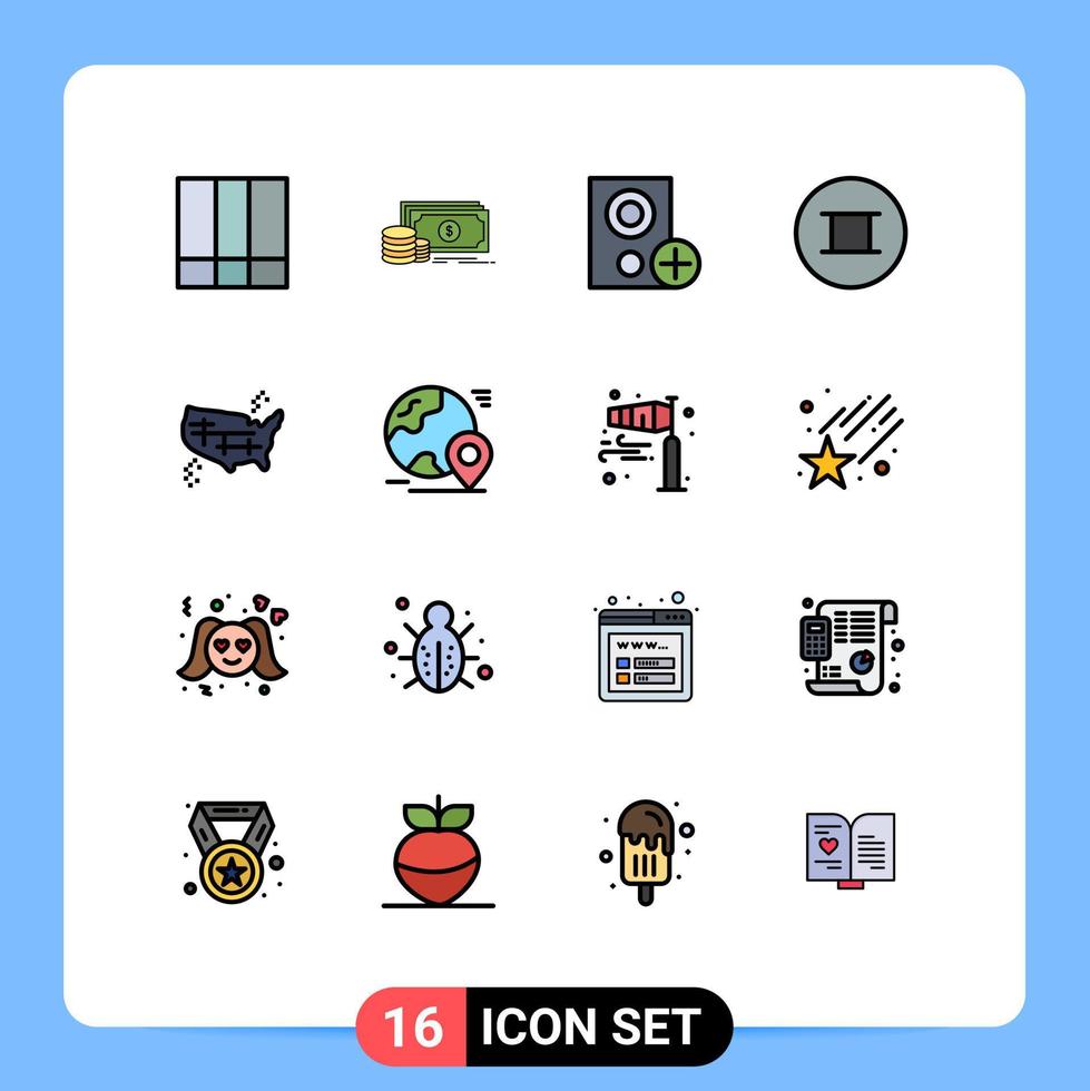 16 signos de línea rellenos de color plano universal símbolos de símbolos de mapa creencias de computadoras agregar elementos de diseño de vectores creativos editables
