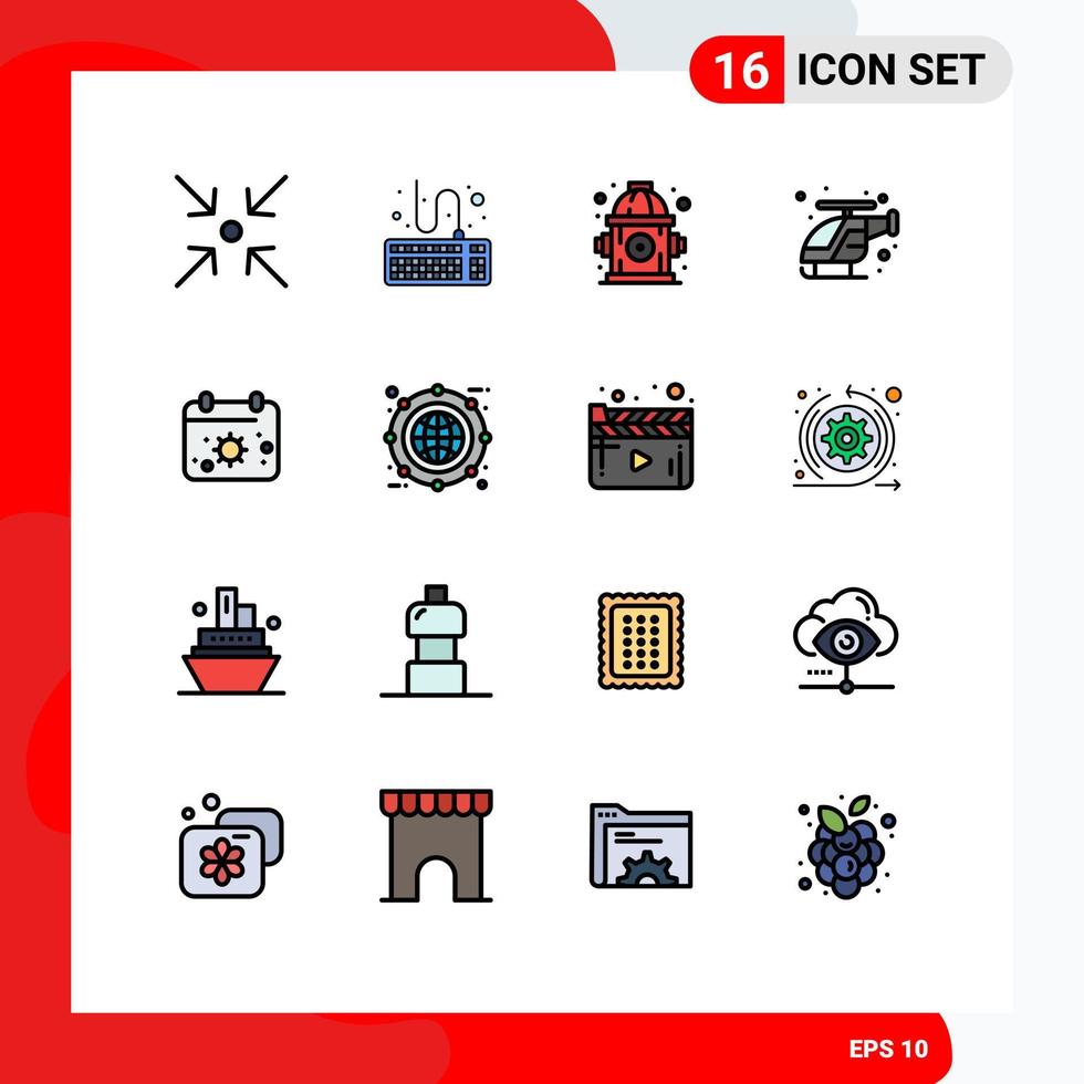 16 Thematic Vector Flat Color Filled Lines and Editable Symbols of sun calender hydrant beach helicopter Editable Creative Vector Design Elements