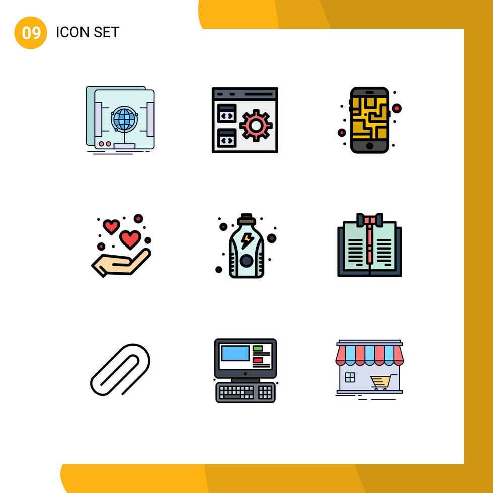 User Interface Pack of 9 Basic Filledline Flat Colors of diet love management hand route Editable Vector Design Elements