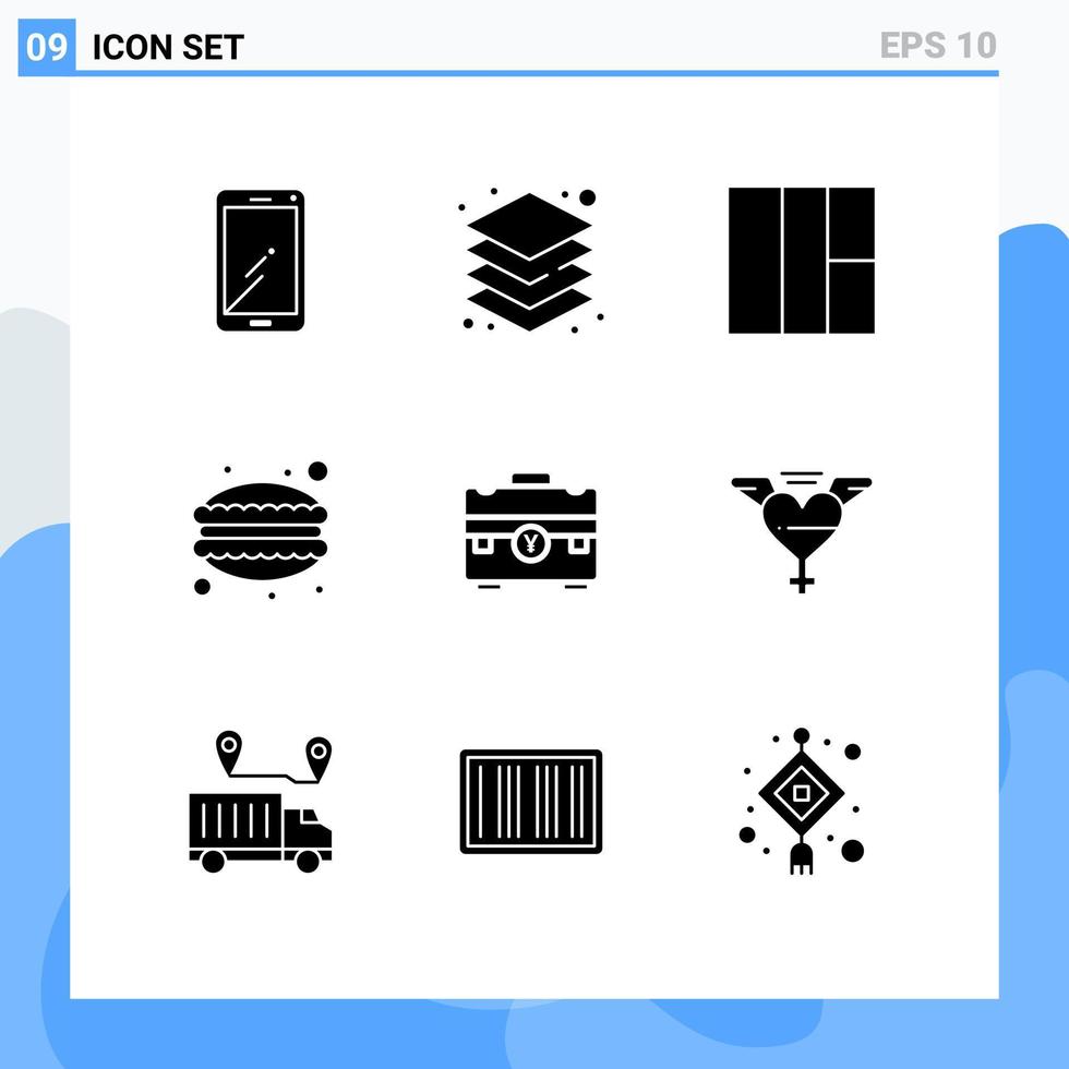 Solid Glyph Pack of 9 Universal Symbols of business bag design food dinner Editable Vector Design Elements