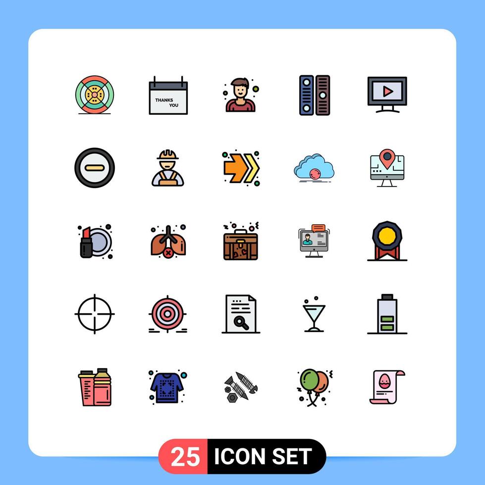 25 líneas rellenas de vectores temáticos colores planos y símbolos editables de elementos de diseño de vectores editables del directorio de la cubierta del archivo del atleta del monitor de video