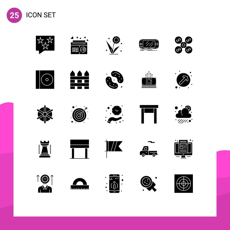 25 User Interface Solid Glyph Pack of modern Signs and Symbols of game console speaker spring flower Editable Vector Design Elements