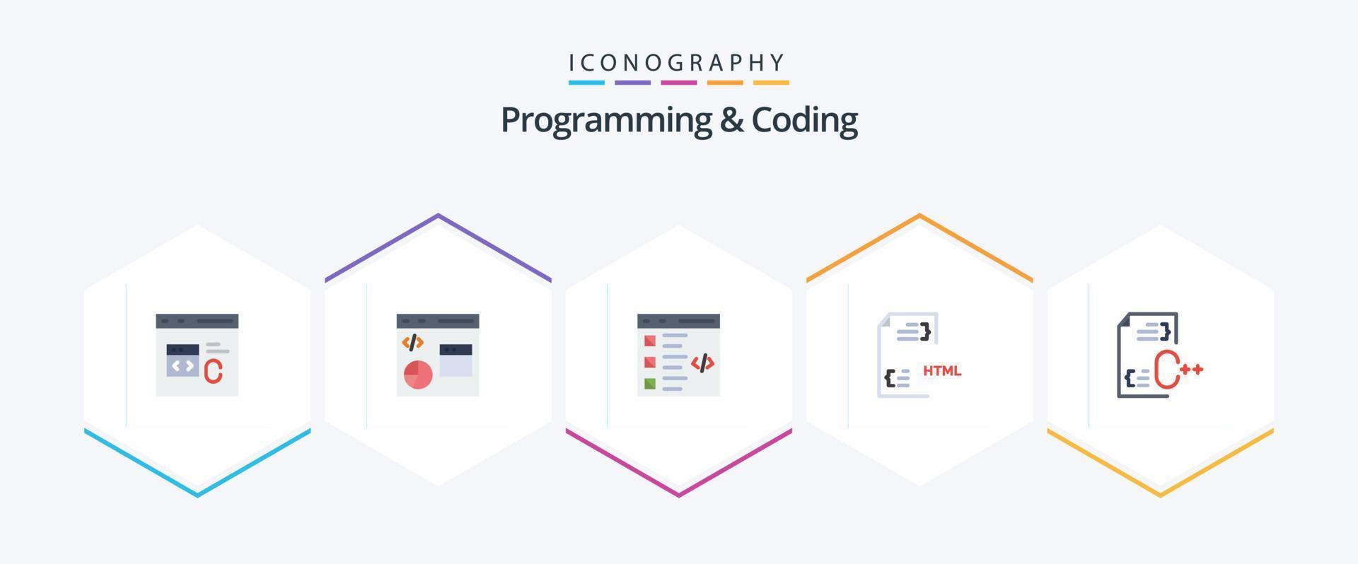 Programación y codificación de 25 paquetes de iconos planos, incluido el desarrollo. codificación. desarrollo. lista. desarrollar vector