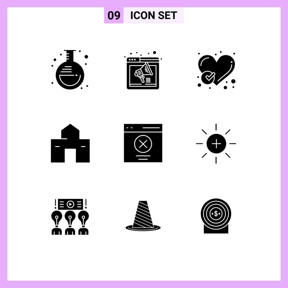 Modern Set of 9 Solid Glyphs and symbols such as hut home webpage building heart Editable Vector Design Elements