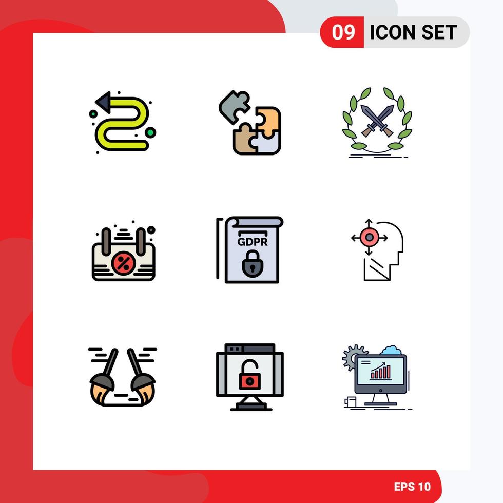 Mobile Interface Filledline Flat Color Set of 9 Pictograms of law open battle frame swords Editable Vector Design Elements